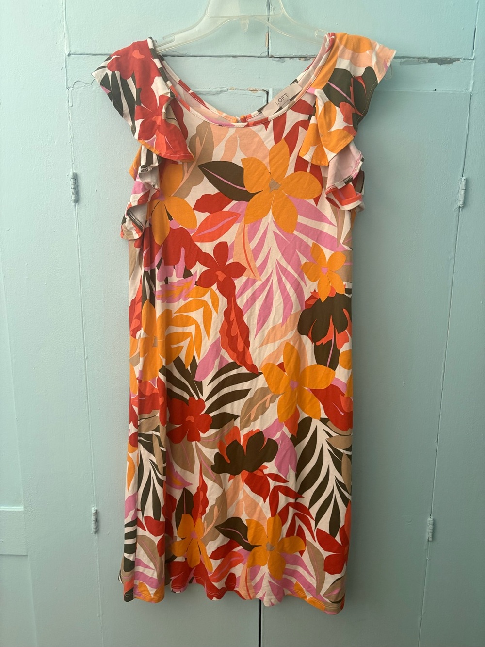 LOFT Floral Ruffle-Sleeve Midi Dress in Pink, Orange & Brown